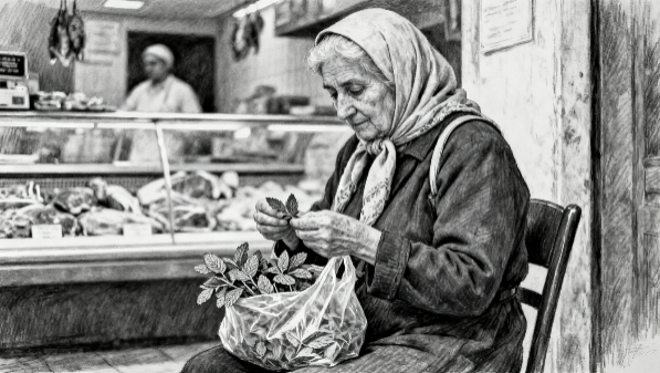 Storyboard showing a seller from the informal market sitting on the chair