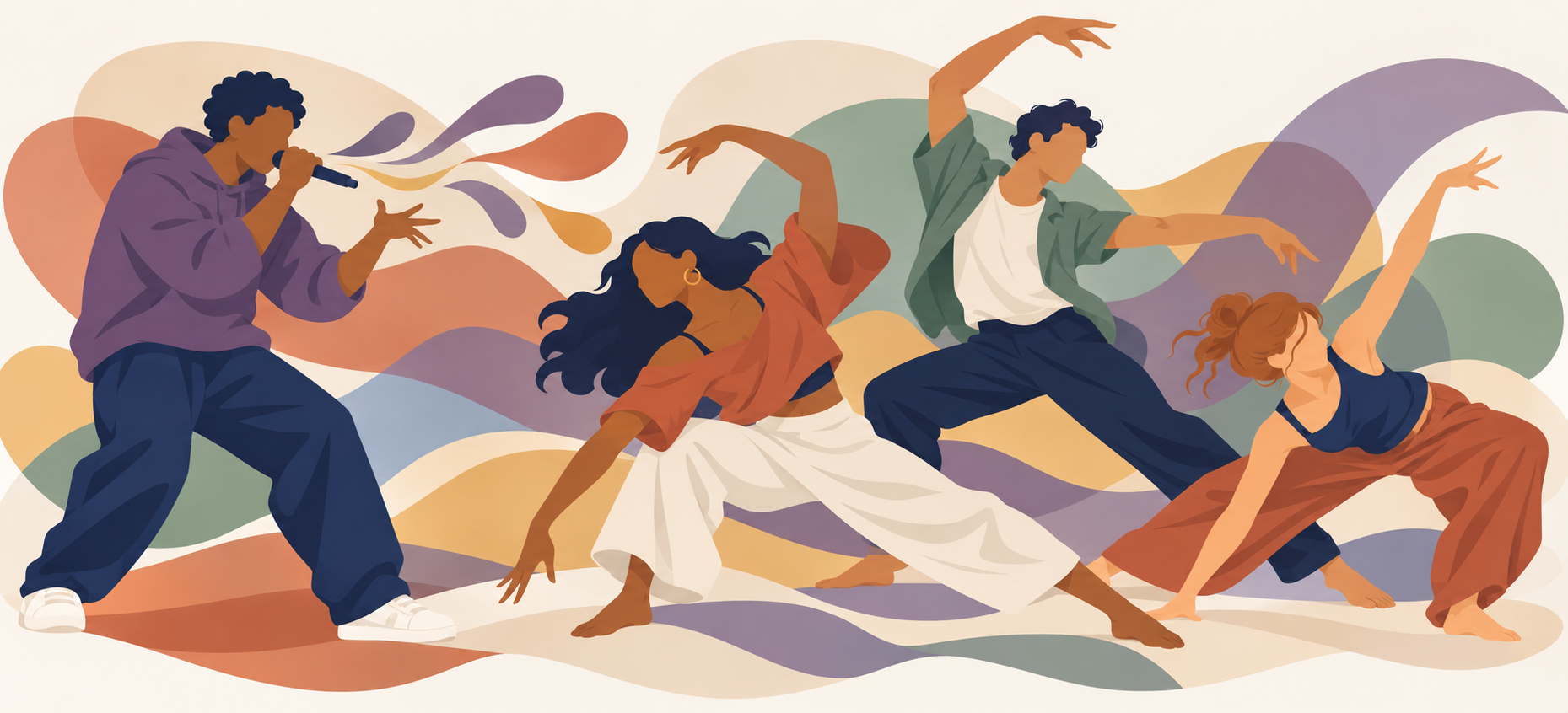 Illustration of a beatbox poet performing alongside three contemporary dancers