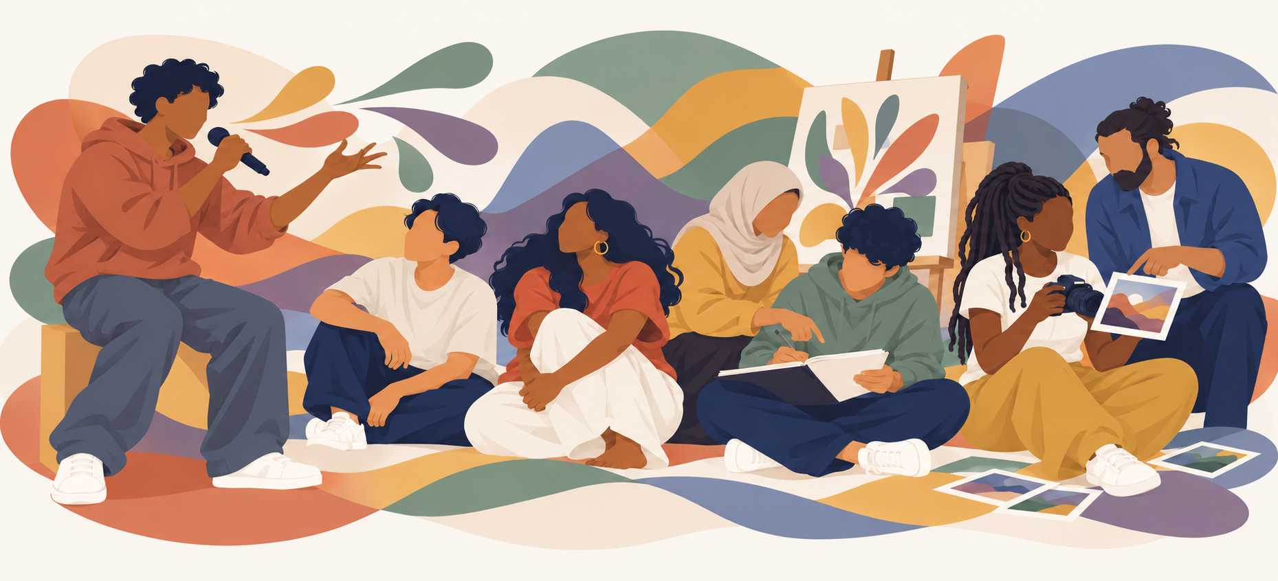 Illustration of young people and facilitators sharing poetry, creative writing, and photography