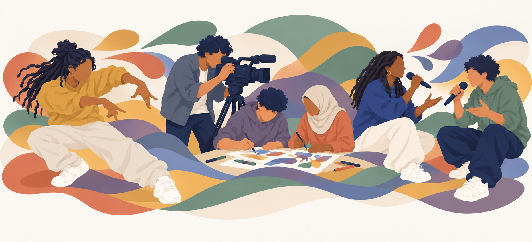 Illustration of hip-hop dance, filmmaking, collaborative art-making, and regueifa singing