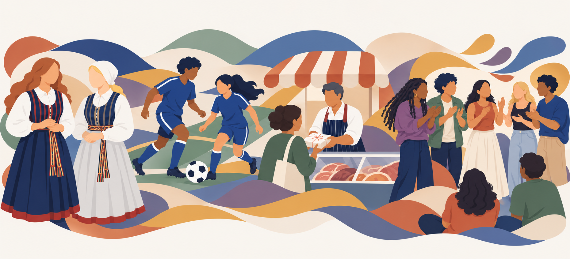 Illustration of Kven heritage, youth football, a community butcher shop, and regueifa singing
