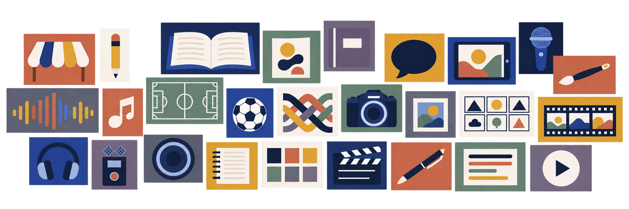 Illustrated gallery of books, creative materials, dialogue, music, football, photography, and filmmaking tools representing MultiLX research and community collaborations.