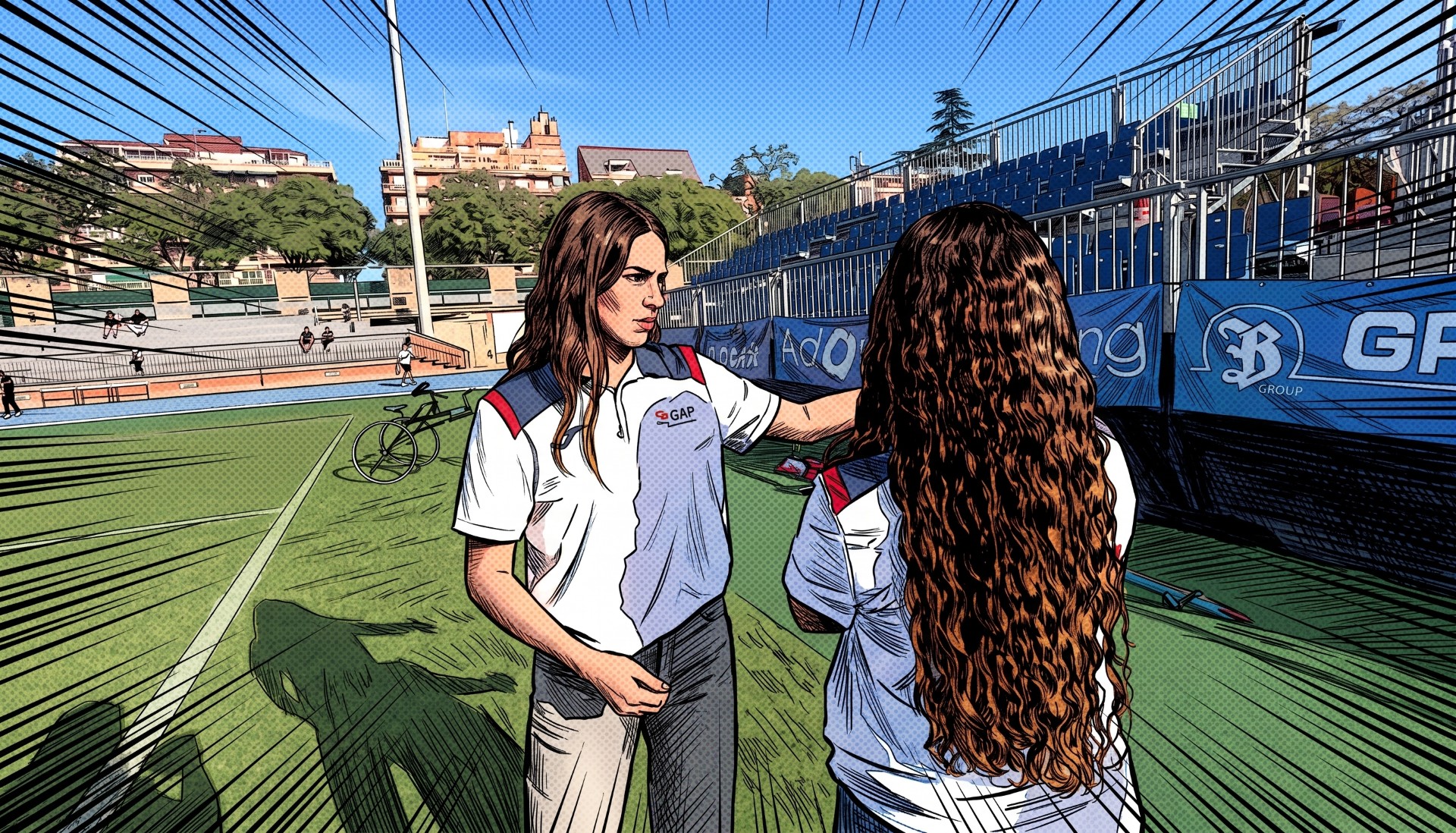 Il·lustració de dues persones conversant a les instal·lacions d’atletisme